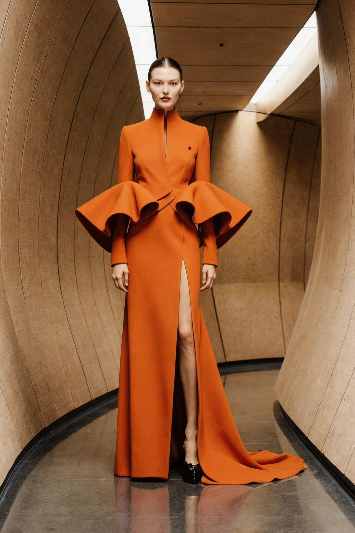 High Collar-Neck Long Sleeve Gown