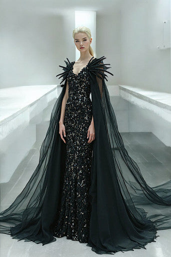 Cape Sleeved Embellished Gown