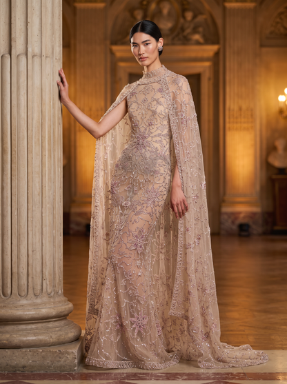 Caped Shoulder Evening Gown