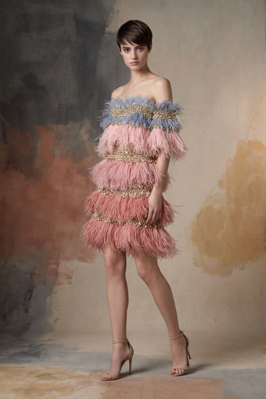 Vestido sin hombros con plumas