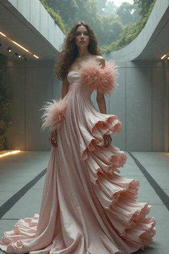 Off Shoulder Feathered Sleeve Gown