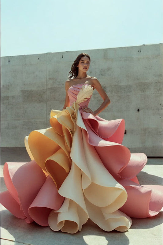Vestido largo con volantes en cascada sin tirantes y corte en A