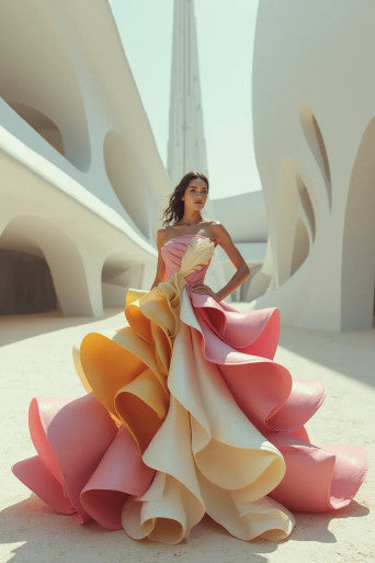 Strapless A-Line Cascading Ruffled Gown