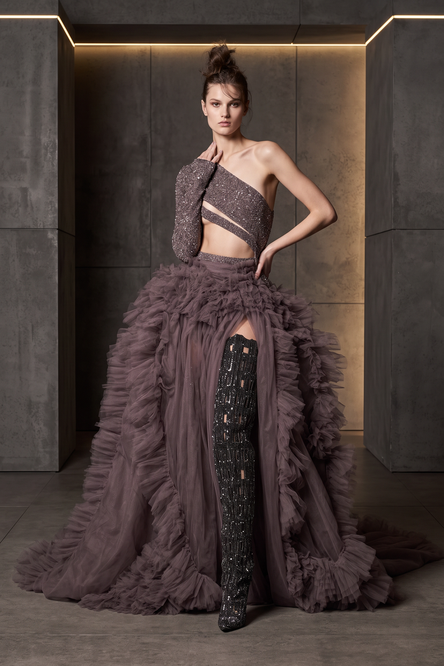 One-Shoulder Ruffled Gown