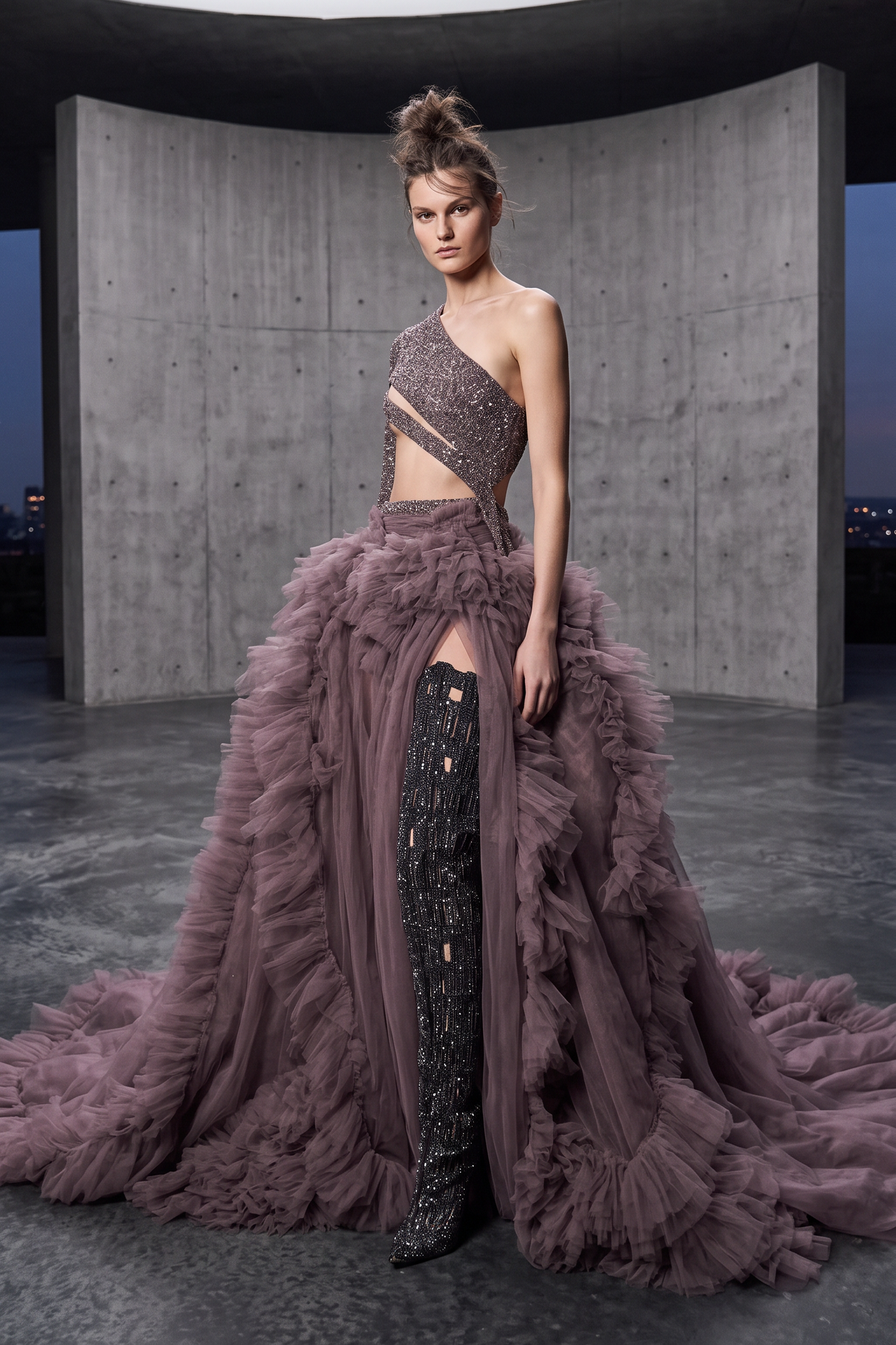 One-Shoulder Ruffled Gown