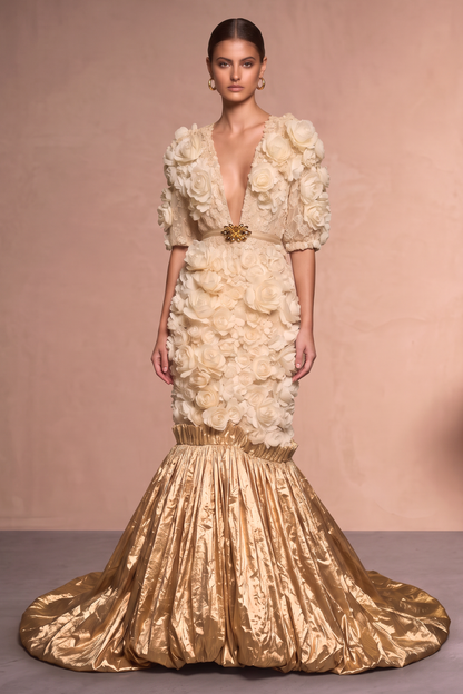 Short Sleeve Rosette Gown