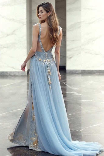 Plunging-Neck Embellished Gown