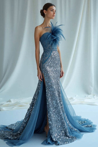 Feathered Strapless Slit Gown