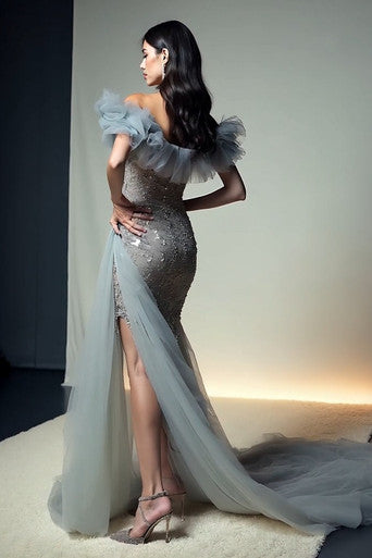 Ruffled Off-Shoulder Slit Gown