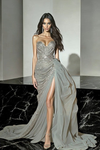 Sweetheart Embellished Slit Gown