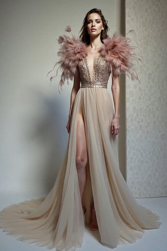 Feathered Detailed Embellished Gown