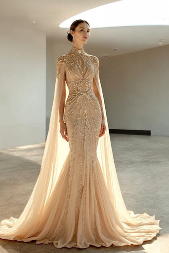 High-Neck Cape Sleeved Gown