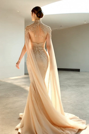High-Neck Cape Sleeved Gown
