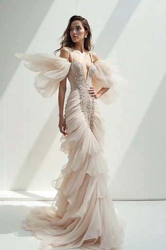 Ruffled Cold Shoulder Gown