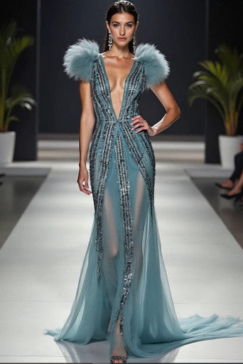 Plunging Embellished Semi-Sheer Gown