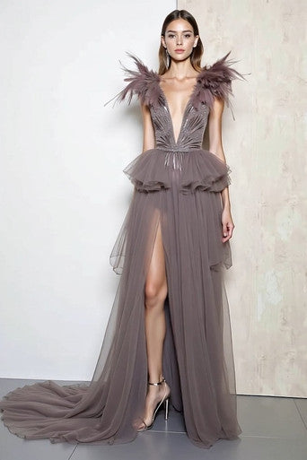 Sleeveless Peplum Slit Gown