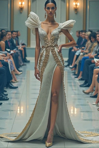 Plunging Embellished Slit Gown