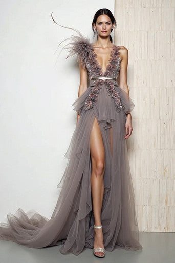Embellished Tulle Slit Gown