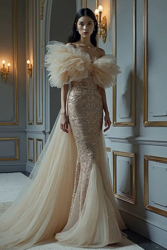 Ruffled Sleeved Off Shoulder Gown