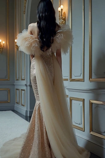 Ruffled Sleeved Off Shoulder Gown