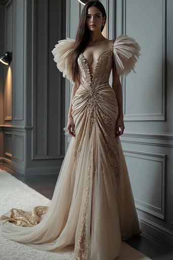 Plunging Draped Embellished Gown
