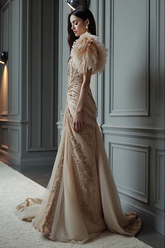 Plunging Draped Embellished Gown