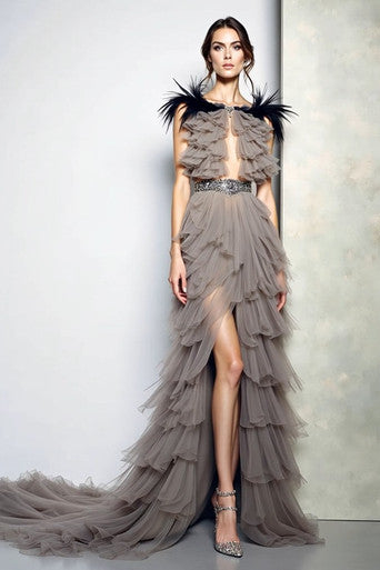 Feathered Tiered Slit Gown