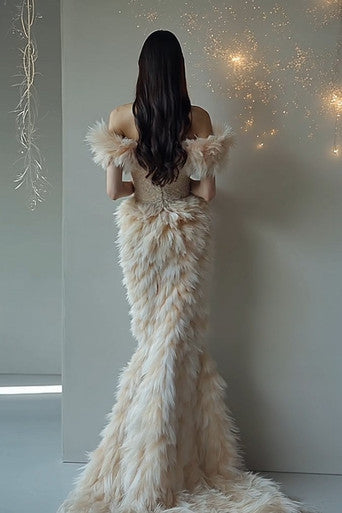Off Shoulder Feathered Gown