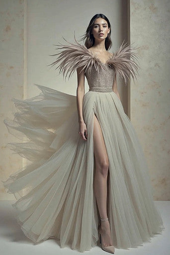 Embellished Feathered Sleeved Gown
