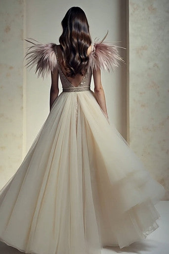 Embellished Feathered Sleeved Gown