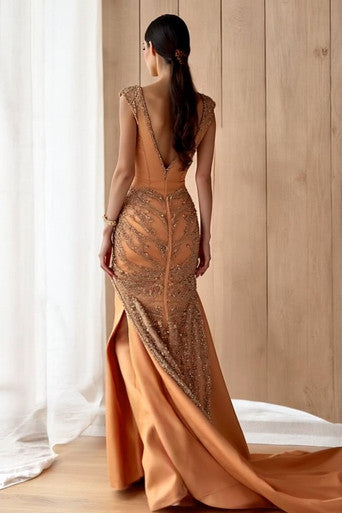 Embellished Cap-Sleeved Gown