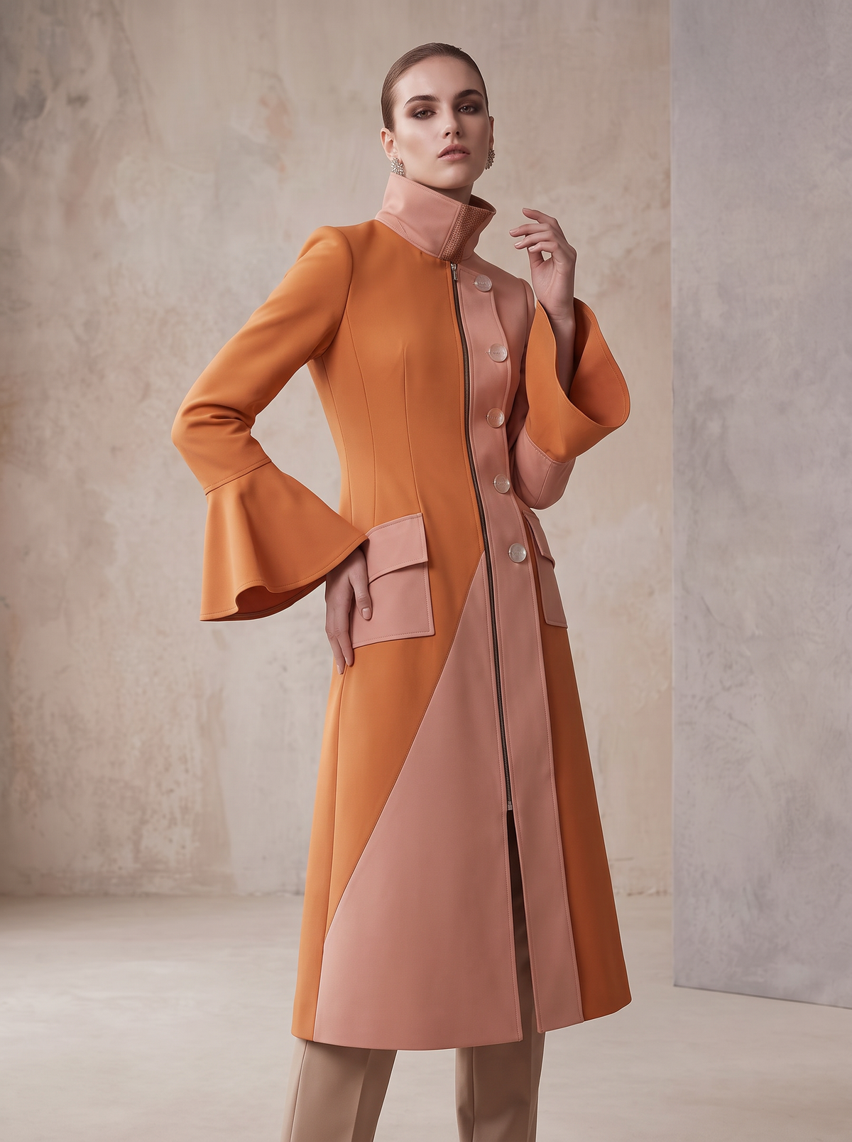 High-Neck Fitted Long Jacket