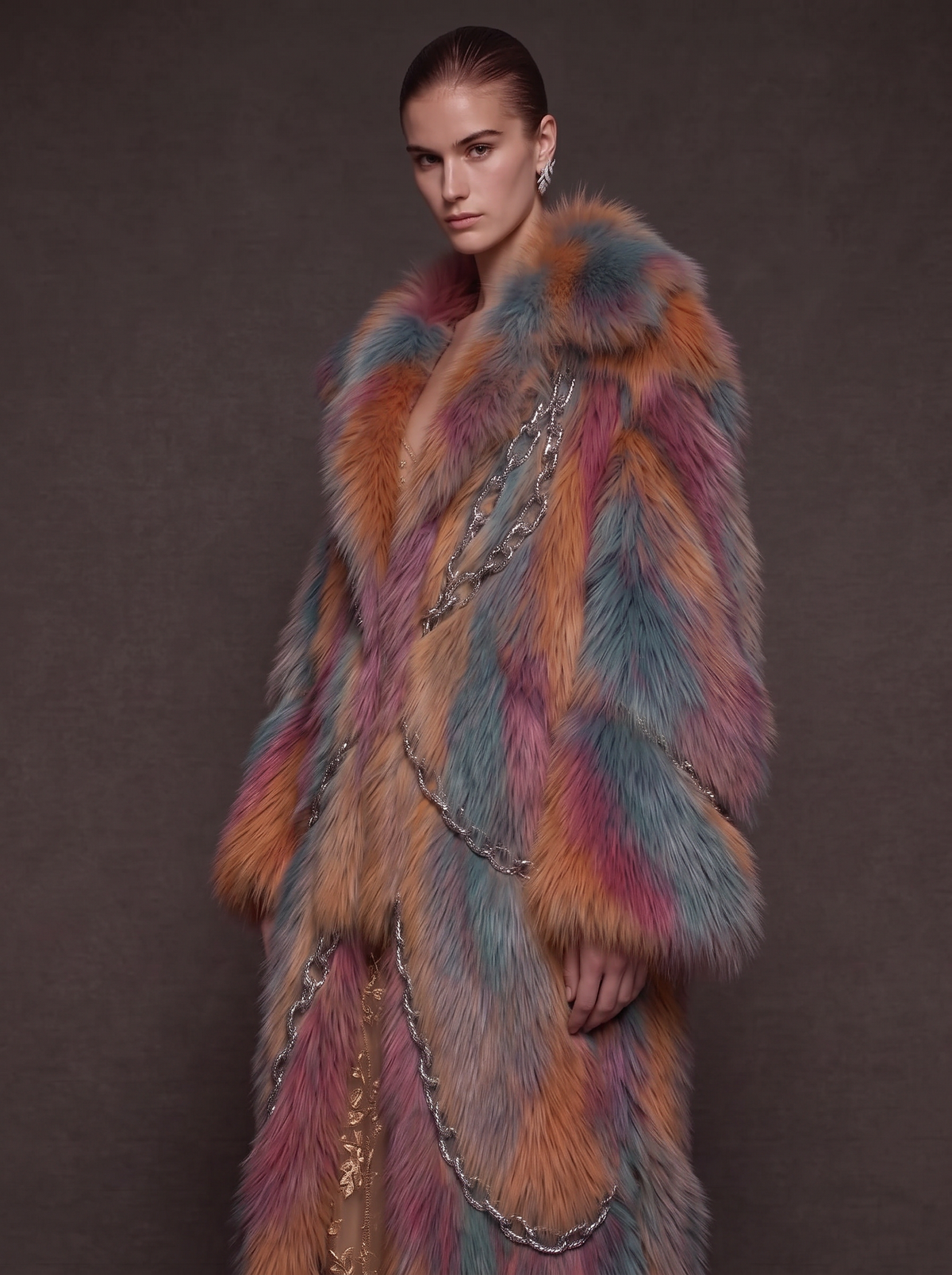 Multi Chained Faux Fur Coat