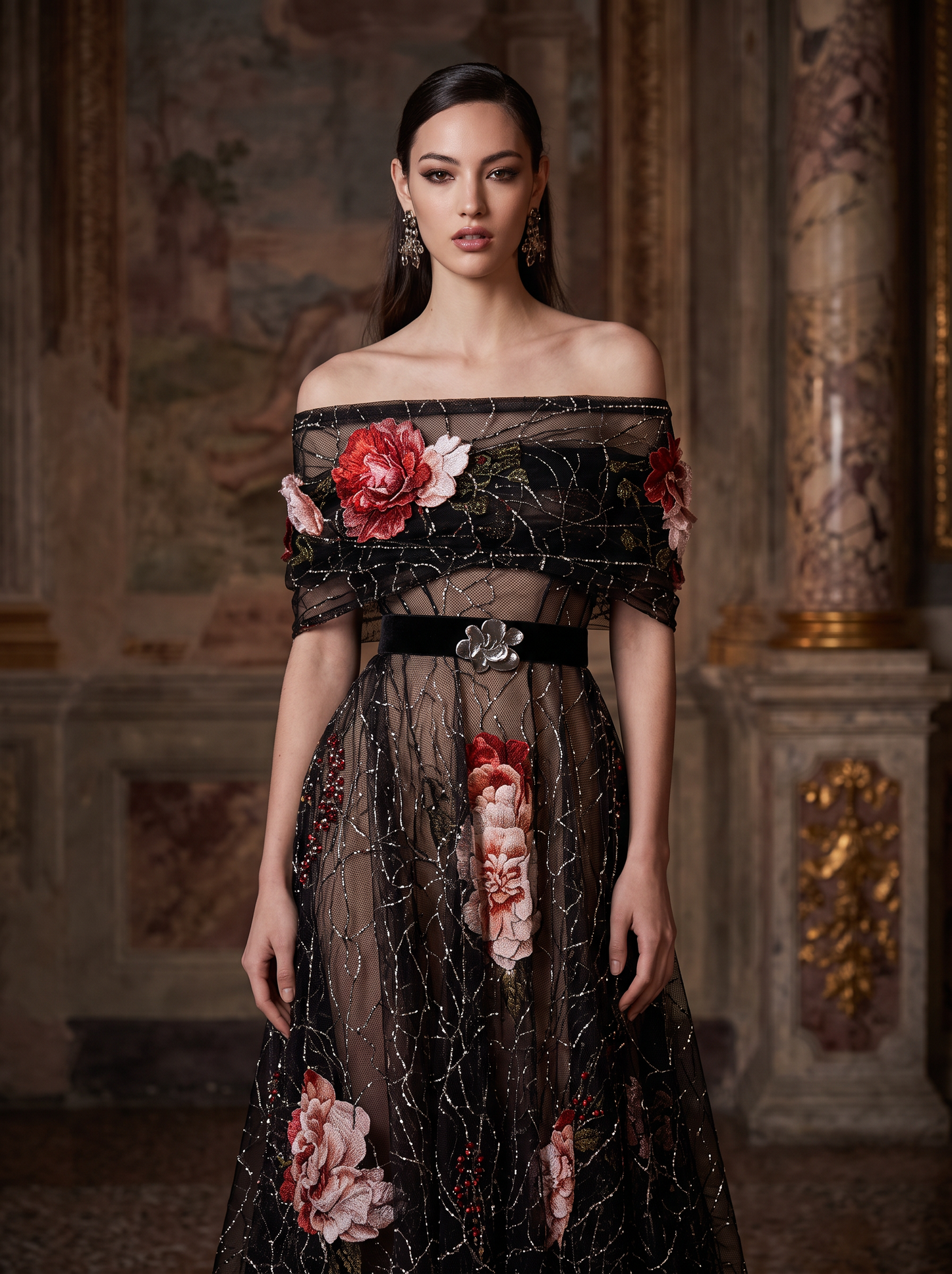 Off-Shoulder Short Sleeve Gown