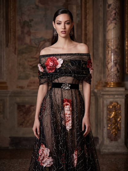Off-Shoulder Short Sleeve Gown