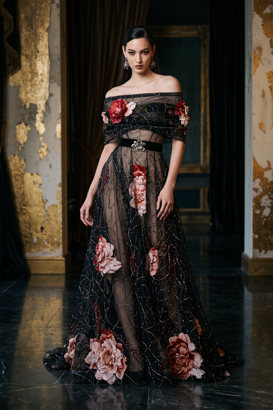 Vestido de noche con hombros descubiertos y manga corta