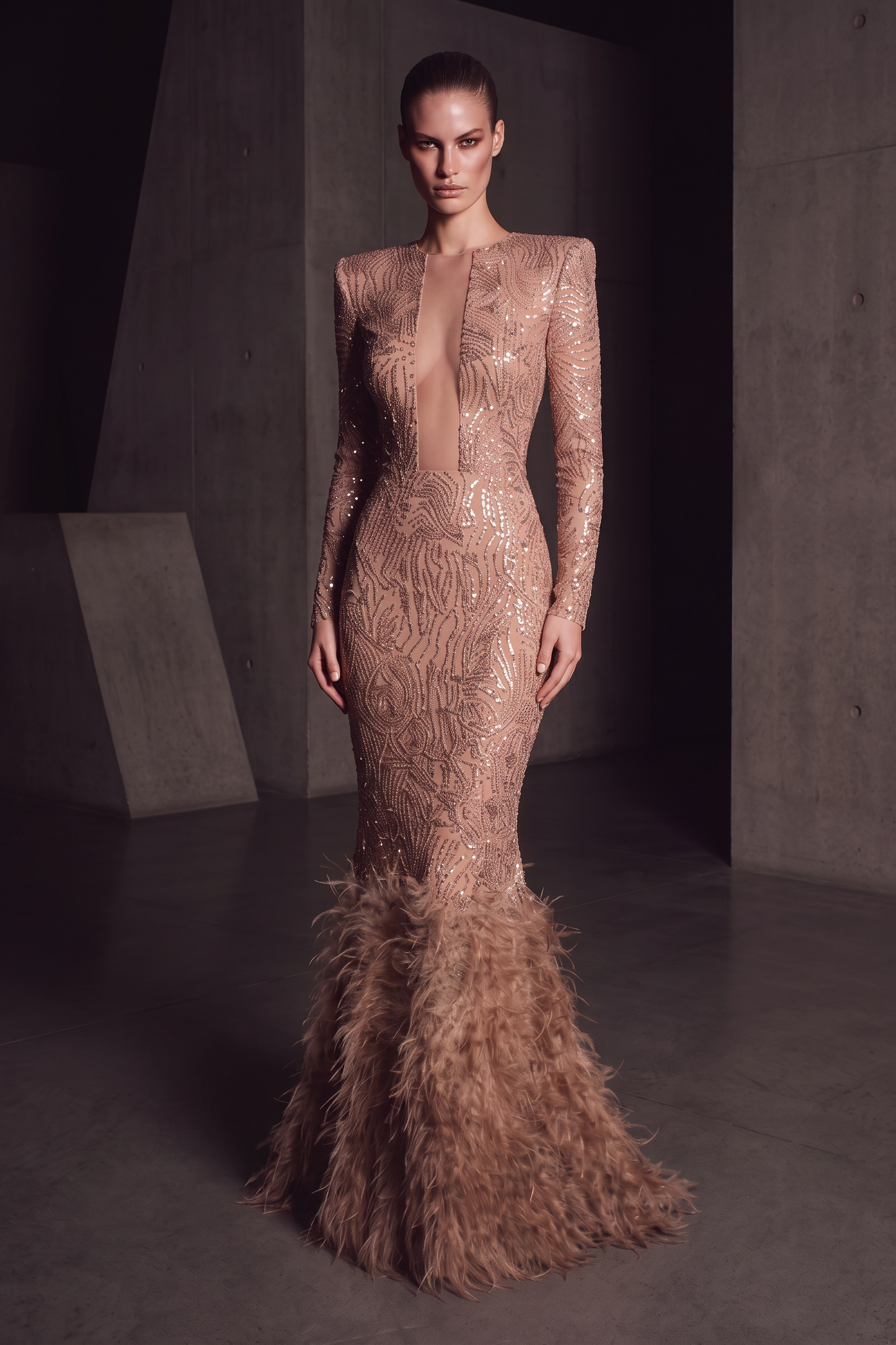 Long Sleeve Sequin Gown
