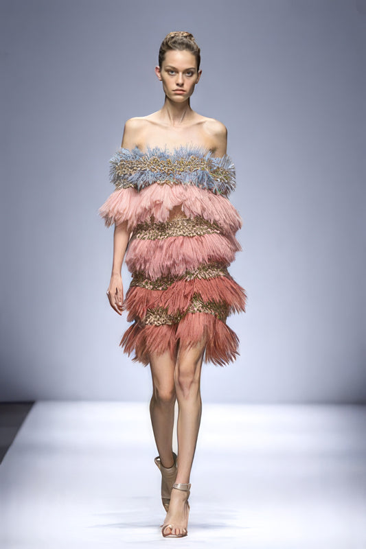 Off-Shoulder Feathered Dress