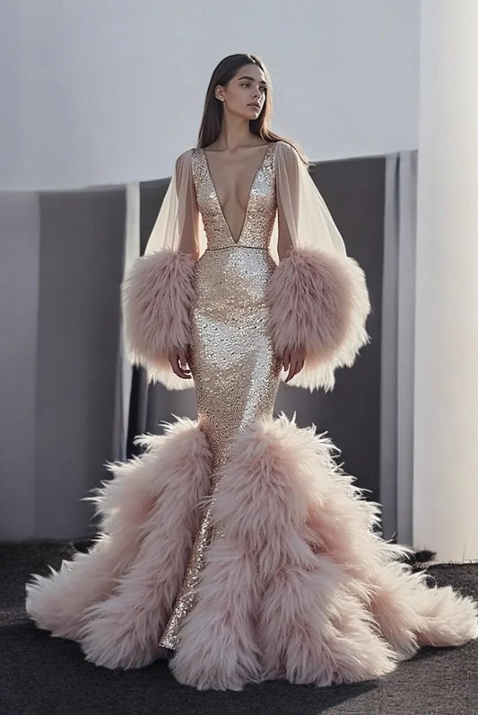Flared Plunge-Neck-Feathered Gown