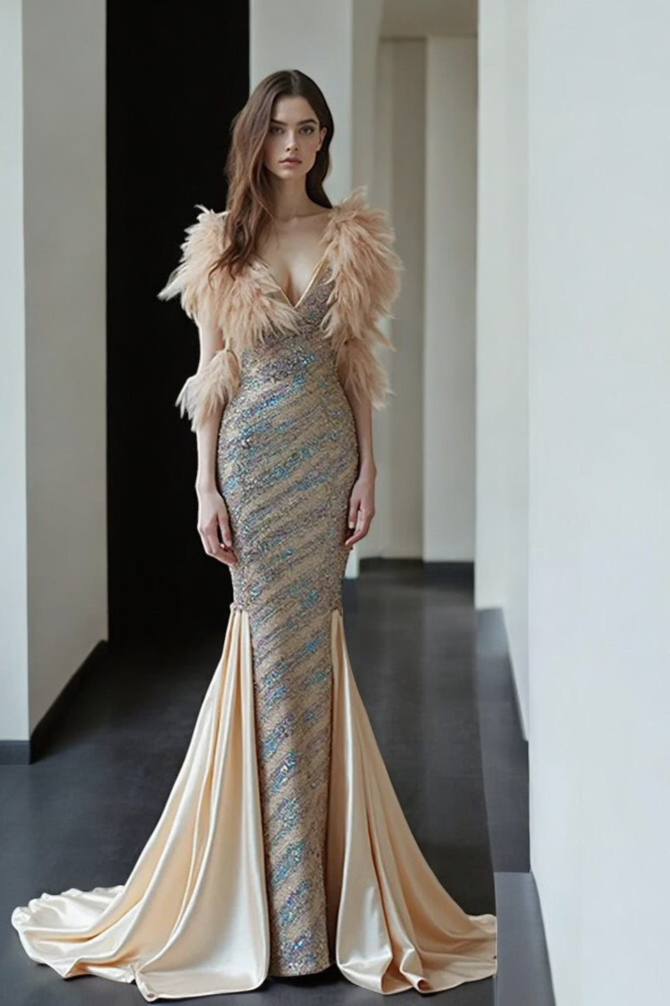 Feathered Sleeved Flared Gown