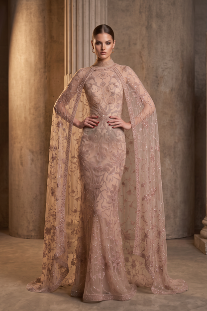 Caped Shoulder Evening Gown