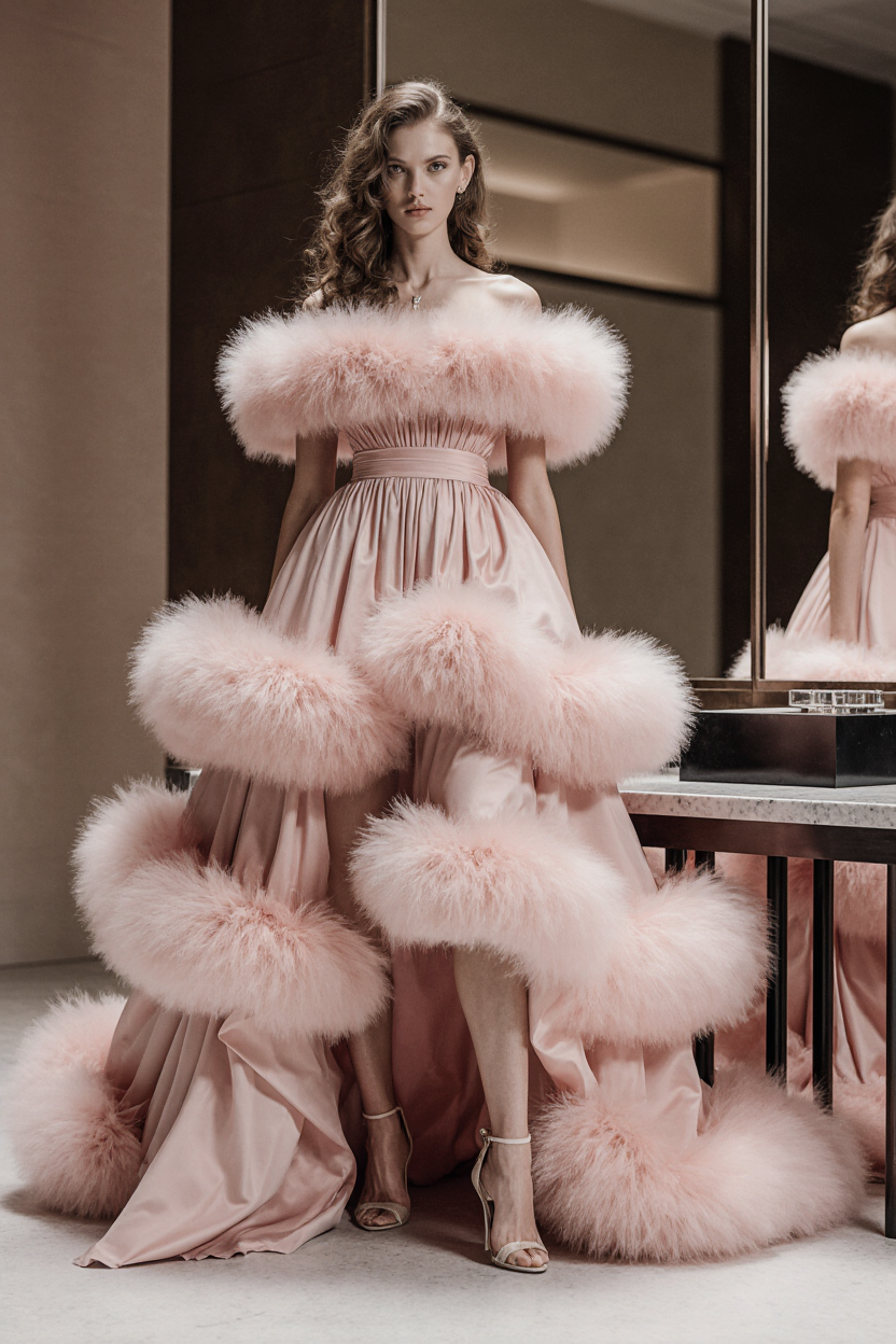 Strapless Feathered High-Low Gown