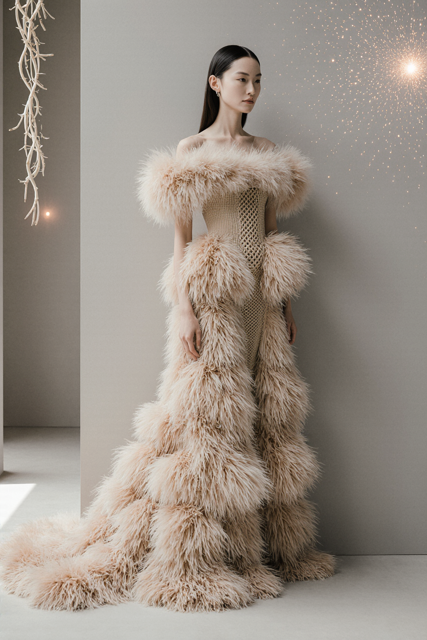 Off Shoulder Feathered Gown