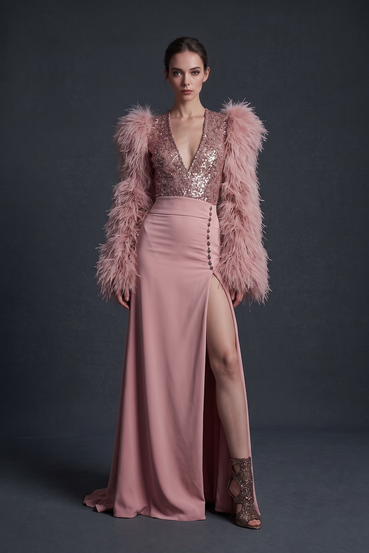 Feathered Plunging Gown