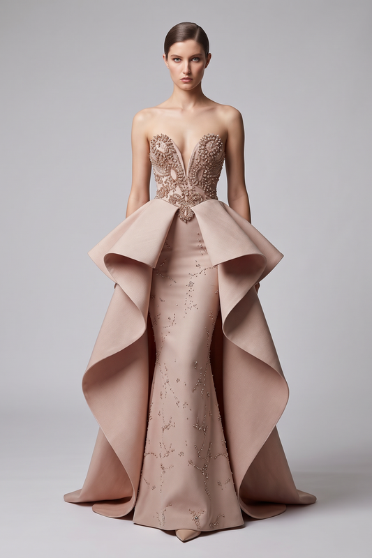 Vestido de noche sin tirantes, sin mangas y con cuentas