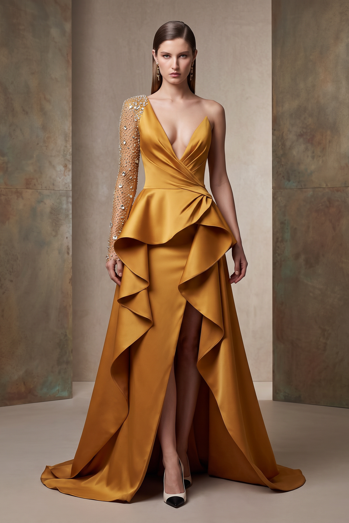 Vestido de noche con cuello alto y escote pronunciado en V