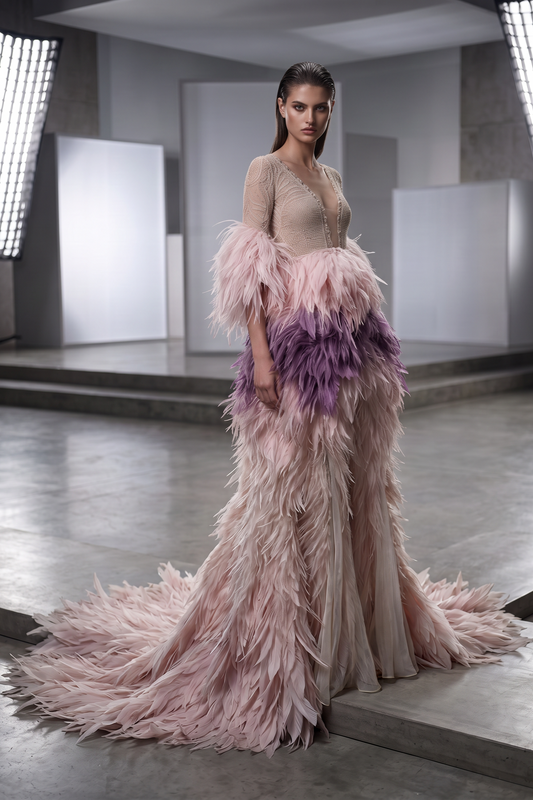Vestido de noche con mangas hasta el codo y plumas