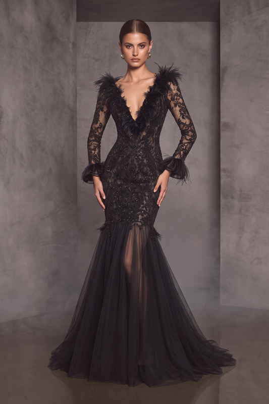 Vestido de noche con cuello en V y mangas de encaje