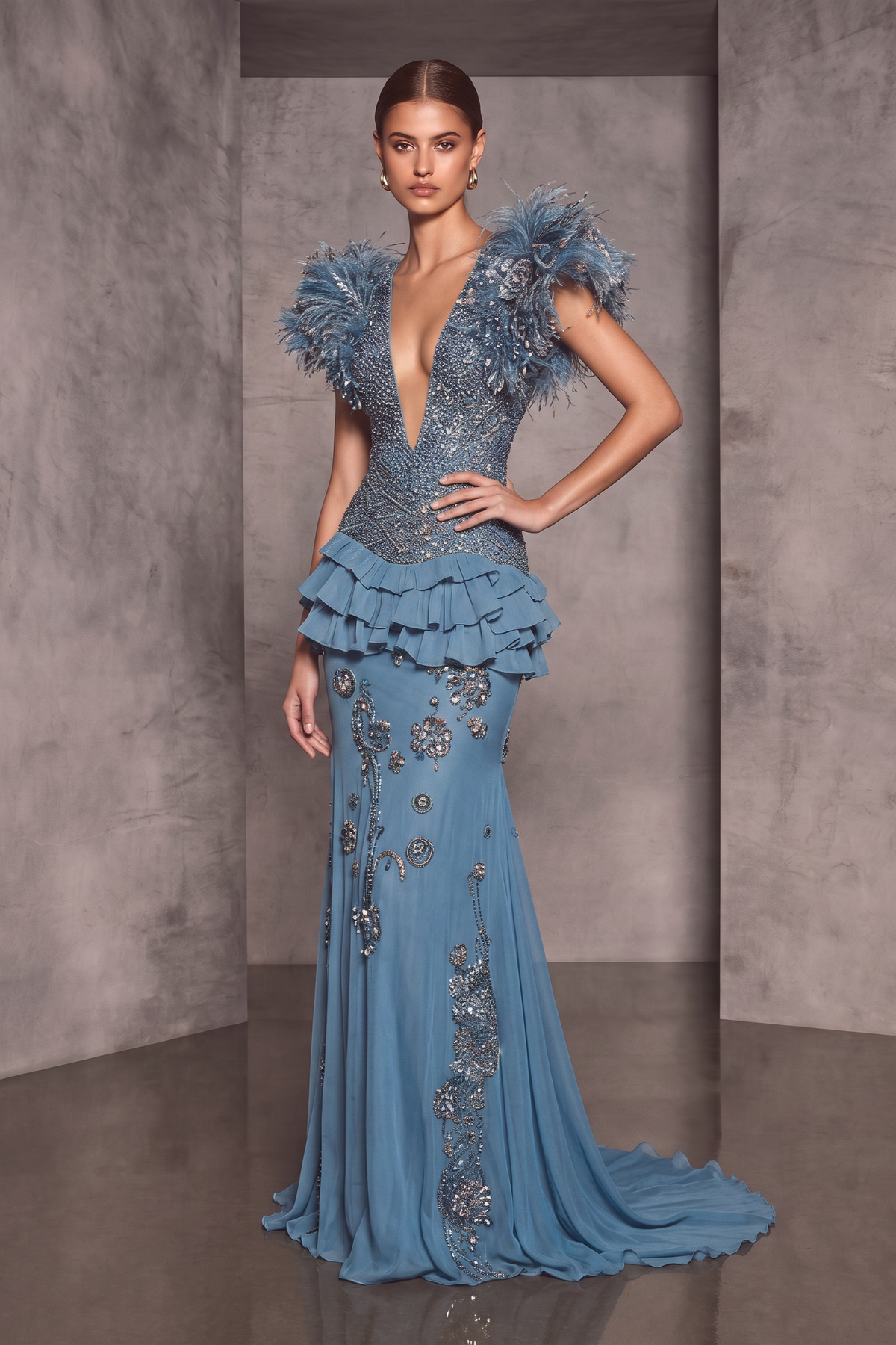 Vestido largo con corpiño de escote pronunciado estructurado