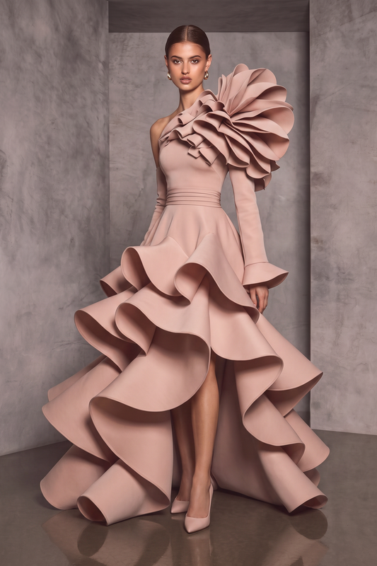 Vestido largo asimétrico con mangas con volantes